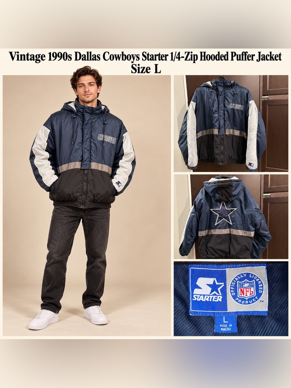 90s STARTER Navy, Black & White Colorblock Hooded Puffer Jacket